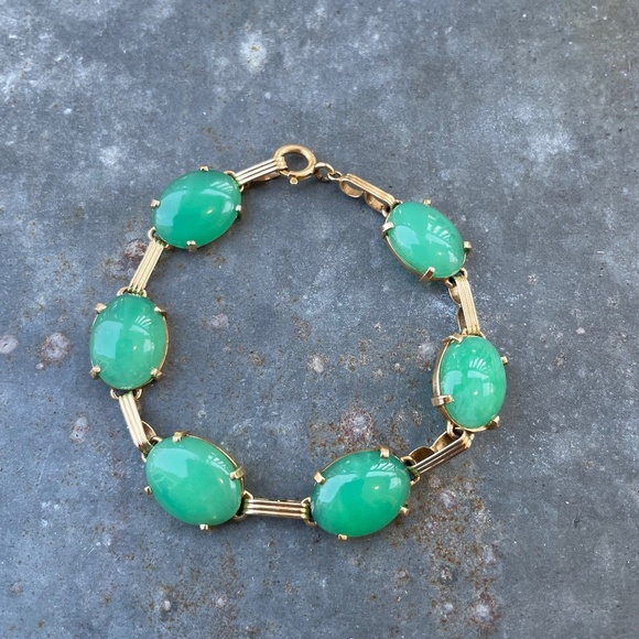 Jewelry - Vintage 14k Gold Jade Cabochon 7.5" Bracelet (15.80g)